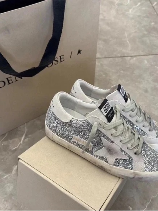 Golden Goose Shoes - Golden Goose Silver Glitter Superstar Sneakers with Star Detail